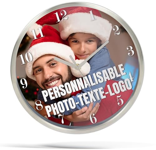 selfiewatch Horloge Murale en Metal Personnalisable avec Photo, Logo, Texte - Ronde, Diamètre 29,3 cm, Style Moderne, Couvercle en Verre- Cadeau personnalisé