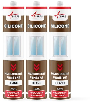Mastic Silicone, Fenêtre, Menuiserie, Étanchéité 300 ml x 3 Blanc | Joints Menuiserie, Fenêtres, Portes et Vitrage, Adhère sur Alu, Acier, Pvc, Verre et Bois, Int/Ext - Arcane Industries