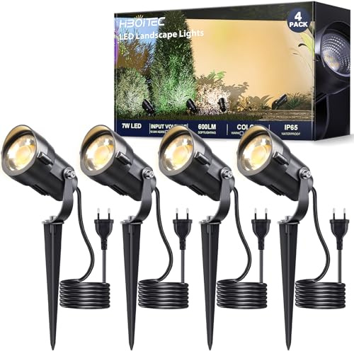 HIBOITEC Set med 4 Trädgårdslampor med Kabel 1,5m och kontakt, LED-lampa 7W 600lm, Vattentät, Varmvitt 2700K, Svängbar 270°, För Trädgård, Terrass och Växter.