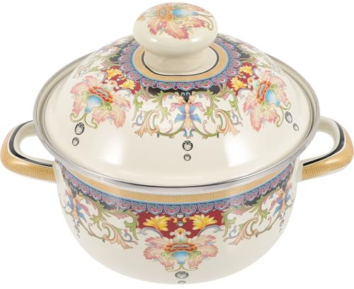 BUTIFULSIC Vintage Enamel Cooking Pot with Lid, Thickened 18Cm Household Two-Handle Soup Stockpot for Home Kitchen, Wear-Resistant Stew Pot Compatible with Gas and Induction Cookers