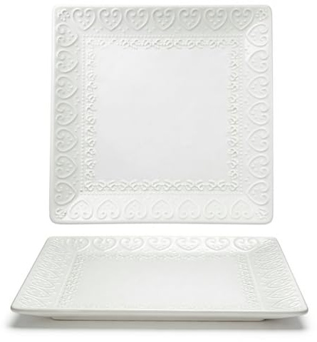 Vintage Geprägt Keramik Dessertteller Eckig Weiß 21cm,2er Set,Quadratische Kuchenteller/Steakteller mit Relief,Flache Teller für Vorspeisen,Frühstück,Pasta,französische Stil,Spülmaschinenfest