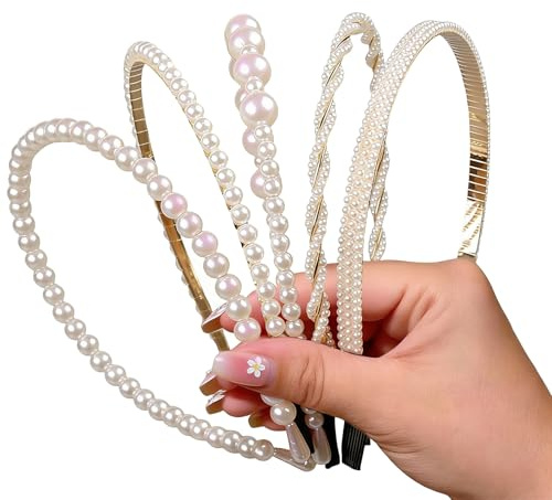 Floruvia 5er Set Cerchietti di Perle per Donne, Accessori per Capelli con Perle Bianche Antiscivolo, Fascia Moda per Matrimoni e Feste, Accessori Capelli con Perle per Ragazze
