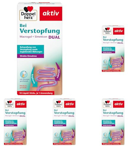 Doppelherz Bei Verstopfung Macrogol + Simeticon DUAL - Zur symptomatischen Behandlung von Verstopfung & begleitenden Blähungen - 10 Liquid Sticks mit Zitronengeschmack (Packung mit 5)