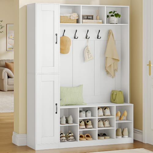 Hzuaneri Garderobenständer mit Seitlichem Stauschrank, 20 Fächer, Weiß | Garderobe mit Sitzbank, Verstellbarer Regalboden, 6 Haken, Freistehender Kleiderständer für Flur, 36 x 130 x 186 cm, 7230103X