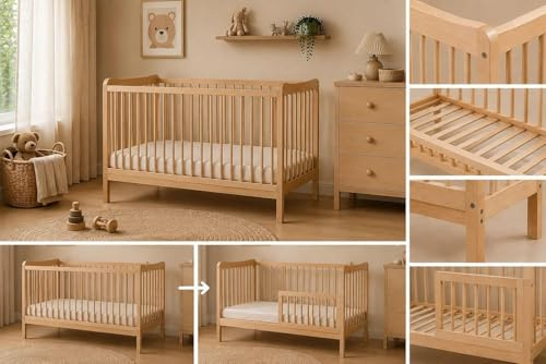 Baby Happy Bliss Kinderbett Sasha aus massivem Buchenholz 120x60 cm Natur, umbaubar zum Juniorbett mit Rausfallschutz, EN 716 geprüft