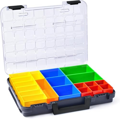 WFix Sortimentskasten Sortimo T-BOXX 320 Anthrazit mit Insetboxen-Set T2 | Sortierbox Schrauben klein, Sortimentsbox transparent mit Klappgriff, Schraubenkoffer Werkzeugkoffer, kompatibel mit WorkMo