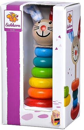 Eichhorn - Baby Steckfigur mit Hasenmotiv, 6 Ringe mit Steckkopf, 18cm, FSC 100% Zertifiziertes Buchenholz, Motorikspielzeug für Kleinkinder