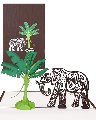 Pop Up Karte Elefant & Bananenbaum, 3D Geburtstagskarte Elefant, Pop Up Geburtstagskarten mit Umschlag, Klappkarten 3D, Zoo Geschenkgutschein, Reisegutschein