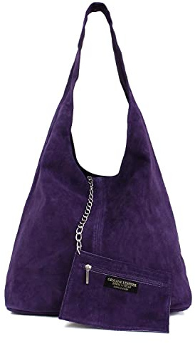 OBC Made IN Italy Damen Leder Tasche Handtasche Wildleder Shopper Schultertasche Hobo-Bag Henkeltasche Beuteltasche Velourleder (Lila (Wildleder))