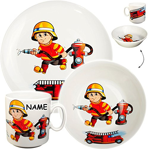alles-meine.de GmbH 3 TLG. Geschirrset großer Teller/Kinderteller + Schüssel + Henkeltasse - Feuerwehr - Feuerwehrmann & Feuerwehrauto - inkl. Name - aus Porzellan/Kera..