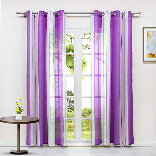 HeichkelL 2er Set Vorhänge mit Ösen Halbtransparente gestreifte Gardinen in Leinen-Optik Modern Ösenschals für Wohnzimmer Schlafzimmer Weiß-Violett je Stück BxH 140x225cm