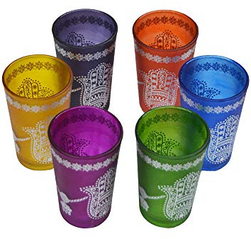 Lot de 6 verres en verre marocains traditionnels artisanaux multicolores pour un usage quotidien comme le thé