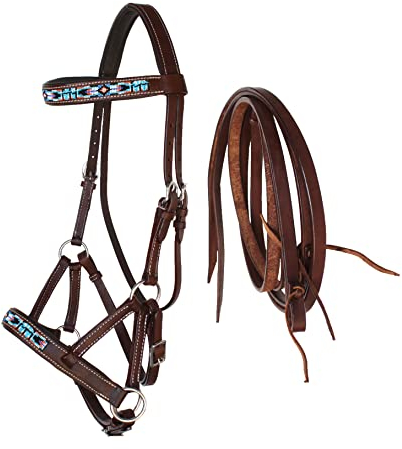 CHALLENGER 77RS14BR Zaumzeug für Pferde, Western-Leder, mit Perlen, gebisslos, gepolstert, Braun