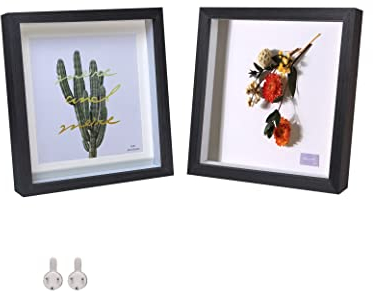 Houstimi Marco de fotos 3D para rellenar, marco de fotos negro, cuadrado, madera, 20 x 20 cm, 2 unidades, caja de sombra, marco de fotos, fabricado en madera maciza y cristal auténtico, profundidad de