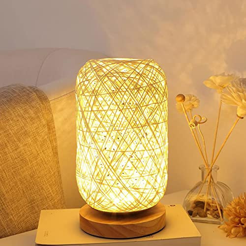 Gcroet Wood Table Lamp,Handmade Rattan Table Lamp,Creative Table Lamp,Night Light Lamp with Hand-Knit Wicker Rattan and USB Charger,Rattan Bedside Lamp,Modern LED Table Lamp Living Room Decoration