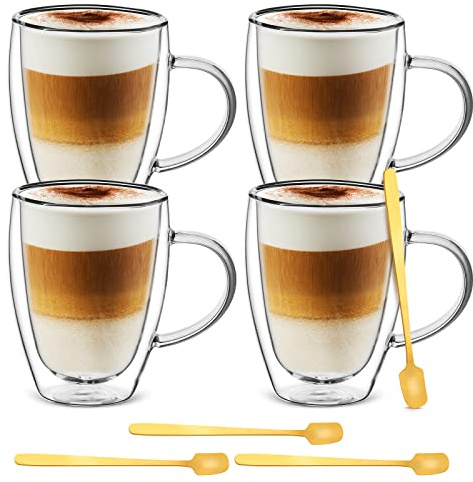 Cappuccino Glass Mugs (Set of 4) 12 Ounce Double Walled Espresso Cups with 4 Golden Spoons, Perfect for Latte, Cappuccino, Tea, or Juice
