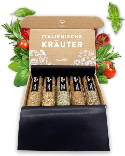 TIMBER TASTE® Italienische Gewürze Geschenkset Frauen - 5 mediterrane Mischungen für Pasta & Pizza | Italienische Spezialitäten | Gewürzset | Feinkost Idee | Italien Geschenk für die Küche Geburtstag