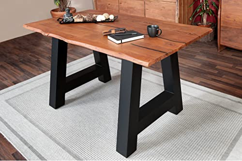 SAM Baumkantentisch 160 x 85 cm Polly, Epoxidharz-Adern in Schwarz, Akazienholz massiv + nussbaumfarben, Esstisch mit A-Eisengestell Schwarz, Tischplatte 26 mm, Esszimmertisch mit echter Baumkante