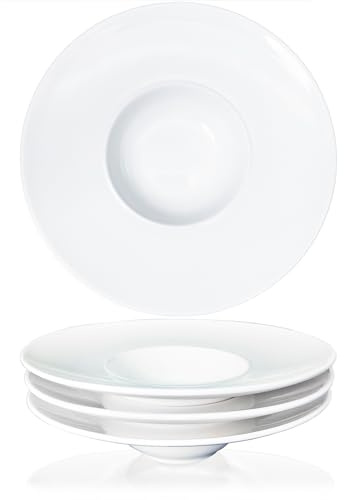 jinsongdafa Ceramics Rimmed Soup Bowls 5.1 oz, White 8.5 inch Exquisite small soup plate Set of 4, Pasta plates With Rim is the best choice for hotels, kitchens, fine restaurants and gourmets