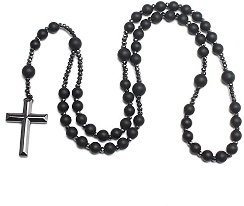 Tiger Eye Cross Necklace Black Obsidian and Hematite Christ Rosary Healing Crystal Necklaces with Cross Pendant Men Necklace Meditation Jewelry (Matte Black)