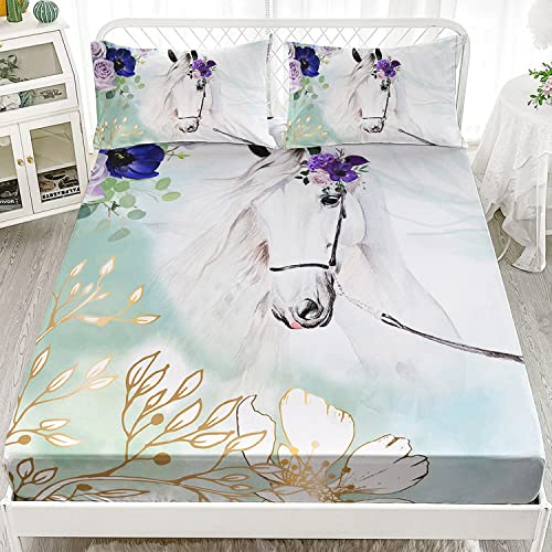 XYNHML Juego de sábanas bajeras con estampado de caballo galopante para niños, juego de sábanas de 3 piezas, diseño de animales salvajes en 3D, para niños y niñas