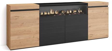 Skraut Home | Aparadores para salón | Gran Capacidad de almacenaje | 200x75x35cm | 4 Puertas | Chimenea eléctrica | Estilo Moderno | Roble y Negro