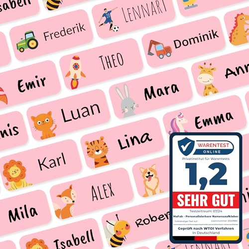 Namensaufkleber für Kinder (54 Stk. 30x13 mm) - Wasserfeste Namensschilder für Kleidung, Textilien und Gegenstände - Optimal für Kita, Kindergarten und Schule - Schöne Motive personalisierbar