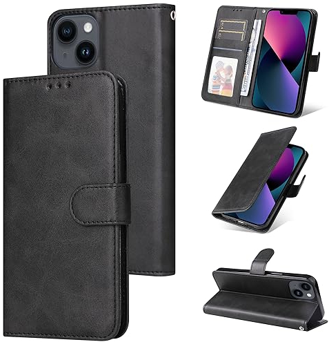 E-Lush Handyhülle für iPhone 13 Hülle Leder PU, Magnet Klapphülle Flip Wallet Kartenfach 360 Stoßfeste Schutzhülle für iPhone 13 Hülle mit Standfunktion, Schwarz