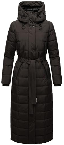 Navahoo Damvinterkappa, varm quiltad kappa, lång med huva och midjebälte, delen XIV XS-3XL, svart, XL