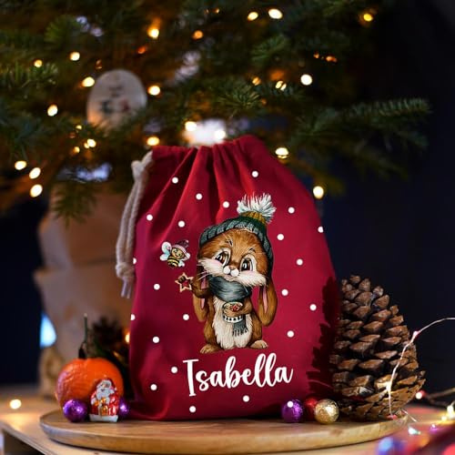 ilka parey wandtattoo-welt Nikolausbeutel Nikolaussäckchen Nikolaussack Nikolaus Nikolausgeschenk Weihnachtssäckchen Stiefel personalisiert mit Namen und Häschen Motiv nkb1 - ausgewählte Farbe: *Rot*
