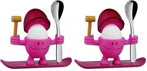 WMF McEgg Eierbecher mit Löffel, lustiger Eierbecher Kinder, Kunststoff, Cromargan Edelstahl poliert, spülmaschinengeeignet, Rosa (Packung mit 2)