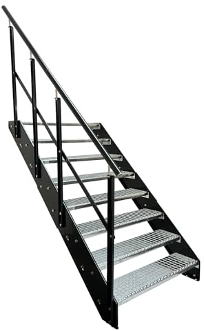Kaminbau Mierzwa Escalier en acier de qualité supérieure W2 avec balustrade gauche/joue et balustrade en anthracite - 8 marches (largeur 600 mm) (hauteur 152 cm) - Escalier en caillebotis résistant