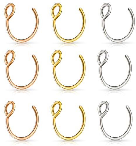 9 Stück Fake Nasenpiercing Ring Attrappe Gefälschter Fake Septum Hoop Edelstahl Fake Nasenring Piercing für Künstliche Lippen Septum Nasenring Fakes Set Nicht Perforierter Lippenring Fake Nose Ring