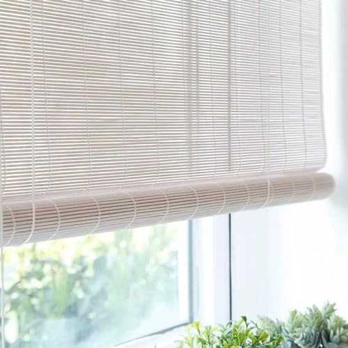 Zhixubah Bambus Raffrollo für Fenster Bambusrollo Weiß Bambus Rollo Innen/außen Sonnenschutz Sichtschutz Natur Holzrollos mit Lifter Lichtfilter-Rollo für Terrasse/Garten/Küche Einfach Aufzuhängen