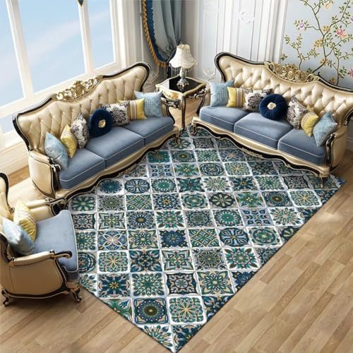Kunsen 100X160CM Teppich Nach Maß Niedrigfloriges Wohnzimmer, Schlafzimmer, rutschfestes Arbeitszimmer, maschinenwaschbar und schmutzabweisend Teppich Für Wohnzimmer Blau Flickenteppich Teppich Weich