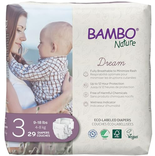 Bambo Nature Hypoallergenic Dream Baby Diapers, Premium Eco-Labeled Sustainable Diapers, Enhanced Leakage Protection, Totally Chlorine-Free, Skin Friendly, and Super Absorbent - Size 3 (58 Count)