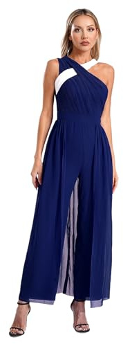 inlzdz Tuta Intera Salopetta da Donna Elegante Jumpsuit Tuta da Cerimonia Cocktail Overall Monopezzi Tutine Pantaloni da Palazzo a Gamba Larga in Chiffon Blu scuro L
