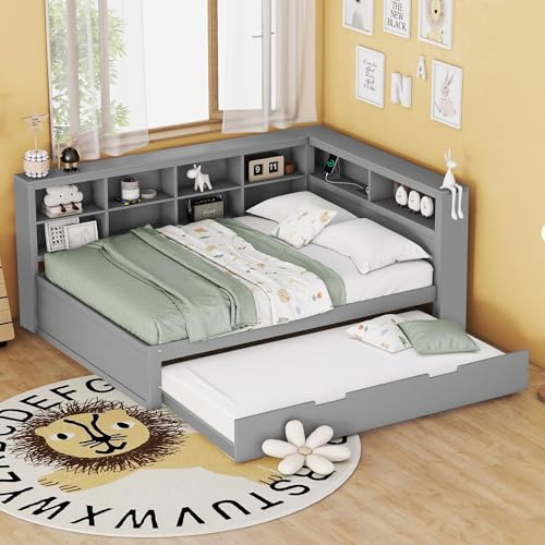 Plattformbett mit Ausziehbett 140x200cm(90x190cm), Ausziehbares Schlafsofa Tagesbett mit Bücherregal & USB Ladefunktion, Multifunktionsbett Gästebett Daybett Kinderbett Jugendbett, Ohne Matratze,Grau