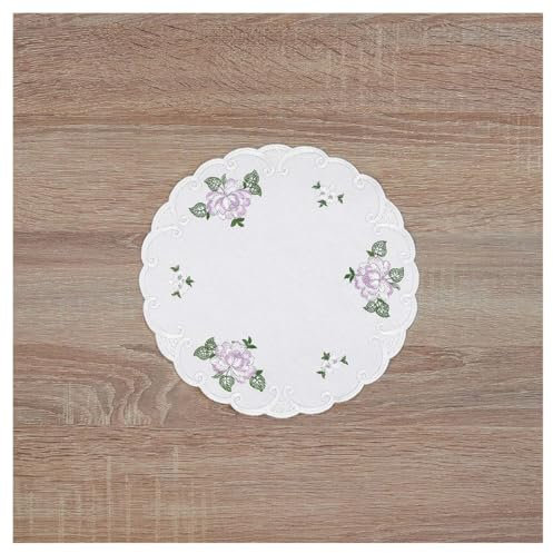 Deckchen Röslein Echte Plauener Spitze bestickte Tischdecken in weiß mit Rosen in lila 22 x 22 cm