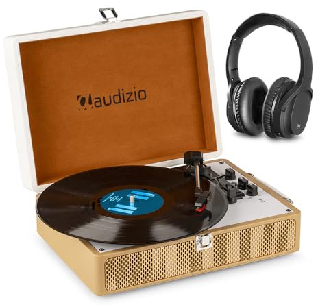 Audizio RP119 Gold Vinyl Record Player with Bluetooth Output, Wireless Headphone Connection, Built-In Speakers, 3-Speed Briefcase Turntable, Vinyl Record Case Design