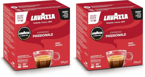 Lavazza, A Modo Mio Espresso Passionale, 2 Paquet de 36 Capsules de Café, avec Notes Aromatiques de Caramel et Chocolat, 100% Arabica, Intensité 11/13, Torréfaction Foncée