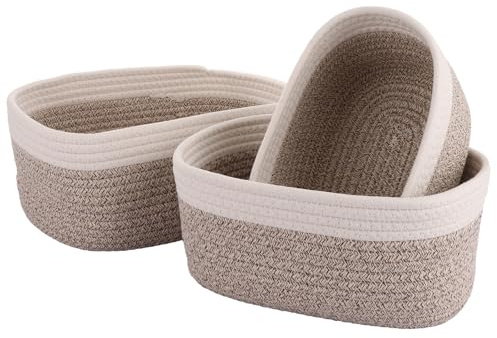LOPYXBR 3 Pcs Woven Storage Basket, 3 Size White&Brown Rope Storage Baskets, Large Wicker Basket and Small Storages Baskets for Shelves, Skin Care Organizer, Bathroom