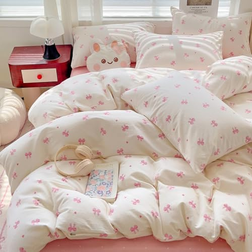 AShanlan Bettwäsche 140x200 Rosa Herzen Schleifen Weiß Bettbezug Set 2teilig Kawaii Style Aesthetic Mädchen Renforce Mikrofaser Schleifenmuster Bettwäsche-Sets und Kissenbezug 70x90 Reißverschluss