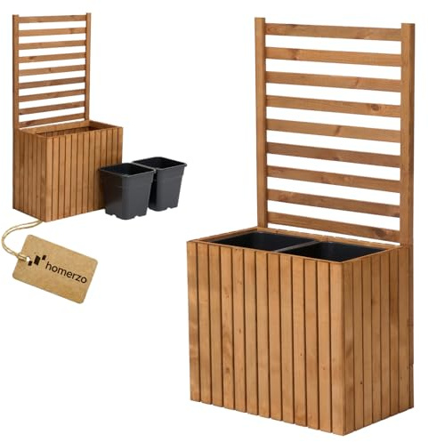 Pflanzkübel mit Rankgitter Spalier mit Pflanzkasten Blumenkasten aus Holz für Garten Balkon Terrasse Hochbeet mit 18L Kunststoff-Pflanzeneinsatz (vertikal-braun, 67x36x55 H130)