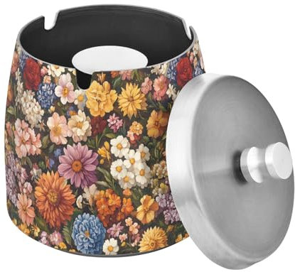 Posacenere per sigarette con fiori primaverili, dalie, narcisi, giacinti marroni, in acciaio inox, con coperchio, per casa, ufficio, patio, balcone, fresco e senza fumo, per decorare casa e ufficio