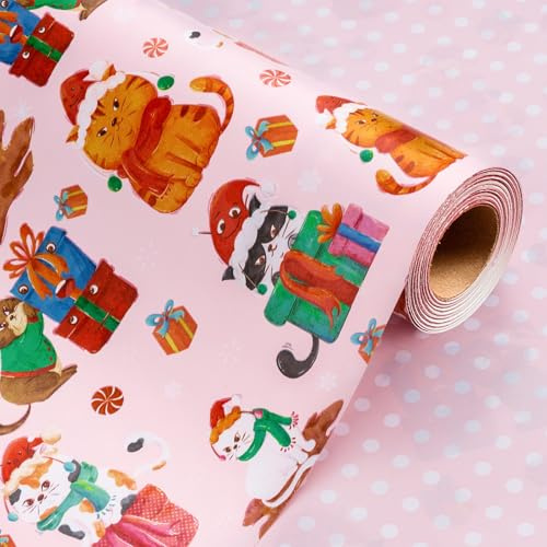 Wikadlik Weihnachts-Geschenkpapier Rolle - Liebliches Katzen-Kätzchen und Punkte Design Rosa Geschenkpapier - 43cm x 10m