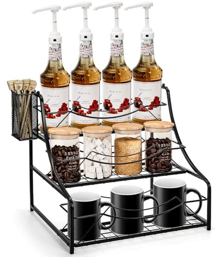 Noamus Coffee Syrup Rack with Basket, 3-Tier 12 Bottles Spice Organizer, Freestanding Metal Wine Bottles Holder, Liquor Cabinet Storage Shelf Stand for Dressing Juice, Kitchen Bar Station Countertop