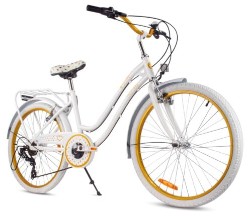 sun baby Mädchenfahrrad 24 Zoll Heart Bike Weiß-Gold, Kinderfahrrad für 8-12 jährige Mädchen mit 7-Gang, Gepäckträger, Metallkotflügel, V-Brake, Kettenschutz