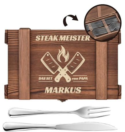 Maverton Steakbesteck 12-teilig - 6 Steakmesser und 6 Steakgabel - Edelstahl Grillbesteck in Holzkiste - personalisierte Geschenke für Männer - Besteck Set für 6 Personen
