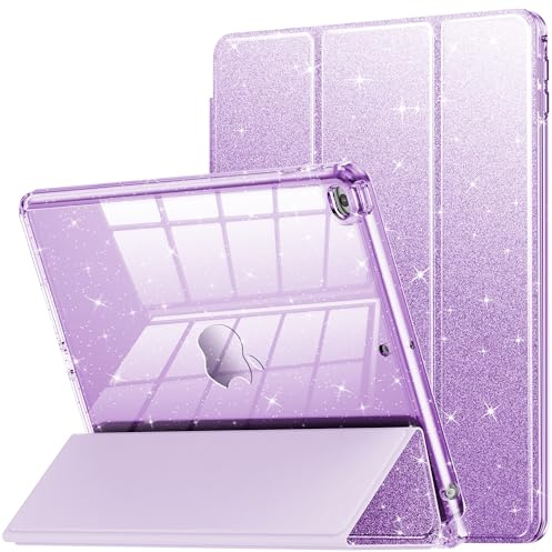 INFILAND Funda para iPad de 6ª/5ª generación de 9.7 pulgadas 2018/2017, iPad Air 2 / Air 1ª funda protectora transparente con purpurina para niños, niñas, mujeres, con soporte para lápices (morado)